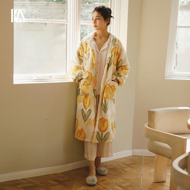 

Autumn and Winter Thickened Milk Fiber Cashmere Composite Velvet More than Color Printing Mid-Length Nightdress Home Wear Can Be Outwear Dressing gown XL [recommend 69.00 kg-79.00 kg]]