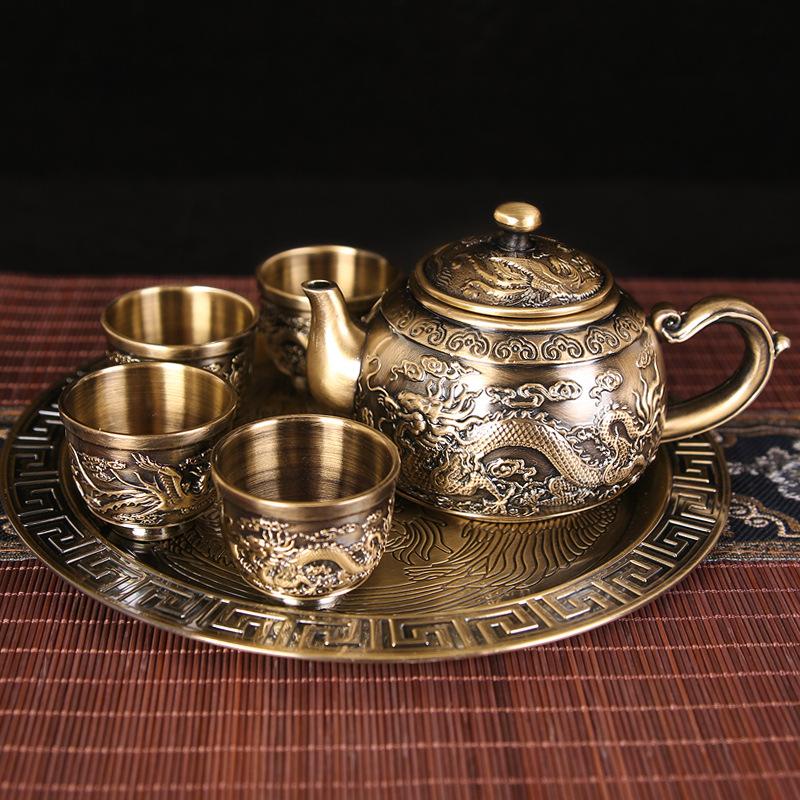 Chinese Metal Tea Set Dragon Phoenix Kung Fu Sets with Tray Cup of 6 Teacup Teapot Making Utensils Teaware бронзовый