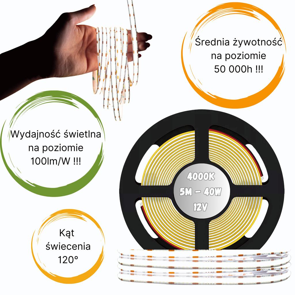 Led Strip Cob 12V 5M Roll Neon Strip Neutral Line 800Lm/M 8W/M Strong