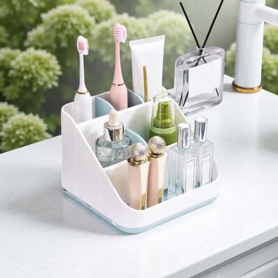 

Коробка для хранения в ванной комнате с 6 отделениями, большой вместимости, нескользящая конструкция, держатель для зубных щеток и зубной пасты, органайзер для столешницы