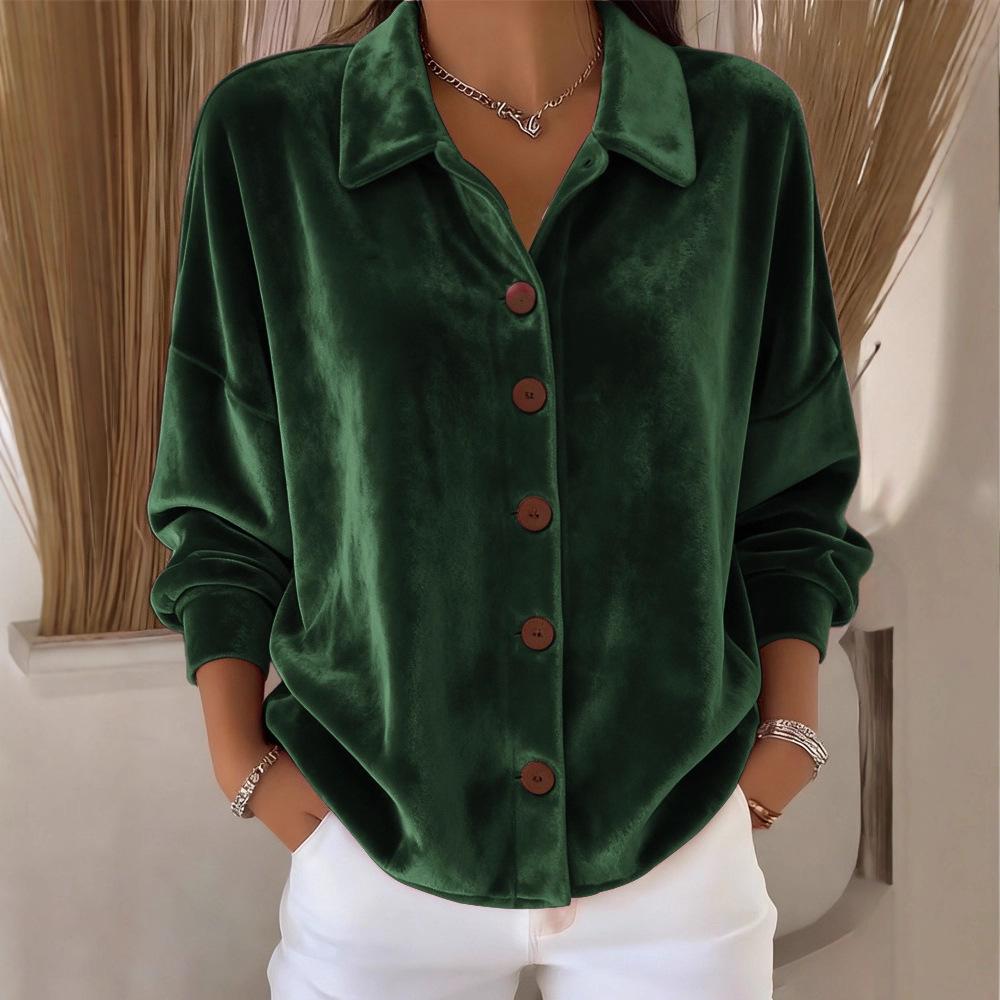 Women's Long-Sleeve Gold Velvet Cardigan with Shirt Collar