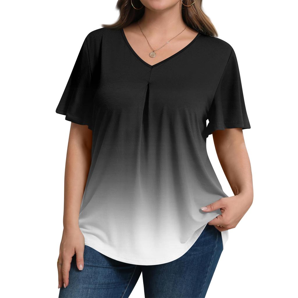 Damska Modna Codzienna Luźna Bluzka Plus Size z Krótkim Rękawem Elegancka z Dekoltem V Do Pracy