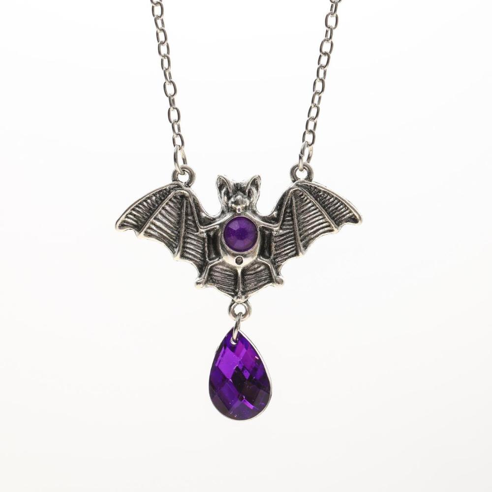 Gothic Sliver Color Vampire Bat Teardrop-shaped Purple Rhinestone Pendant Necklace for Women Steampunk Halloween Gifts Jewelry