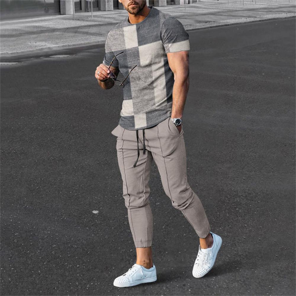 Men Summer T Shirt Pants 2 Piece Sets Print T-shirts Trousers Sportswear Suits Fashion Sweatpants Tracksuits Outfits Men Clothes