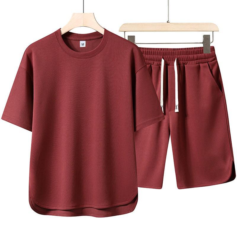 European Size Men's Summer Two-Piece Set: Solid Color Round Neck T-Shirt & Shorts