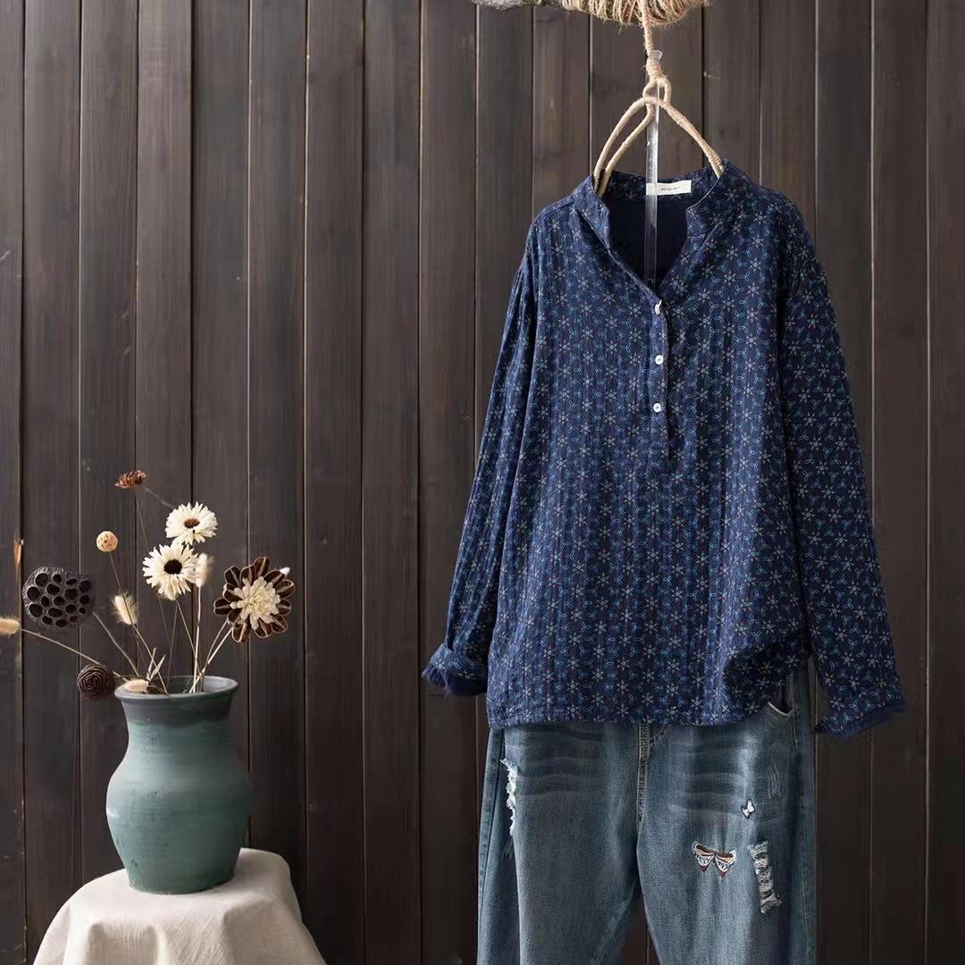 

Japanese Vintage Mori Girl Floral Printed Double Layer Cotton Yarn Shirts Women Spring Autumn Long Sleeve Casual Loose Blouse One size темно-синього кольору