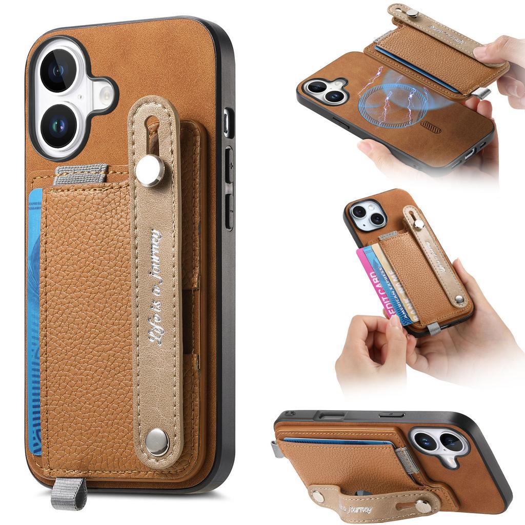 For iPhone 16 Plus Magnetic Leather Back Case with Detachable Card Holder and Wristband