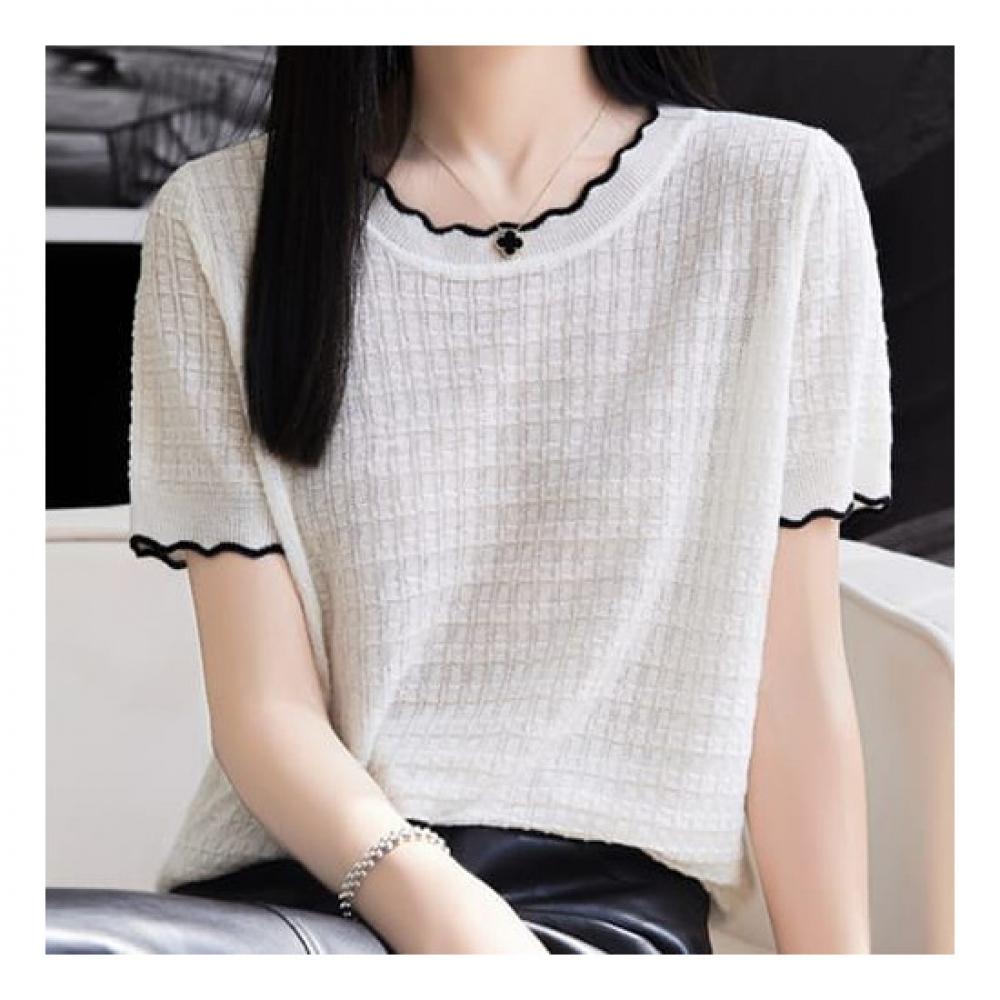 Navava Short Sleeve Solid Wave Knit Round Neck Nk2254