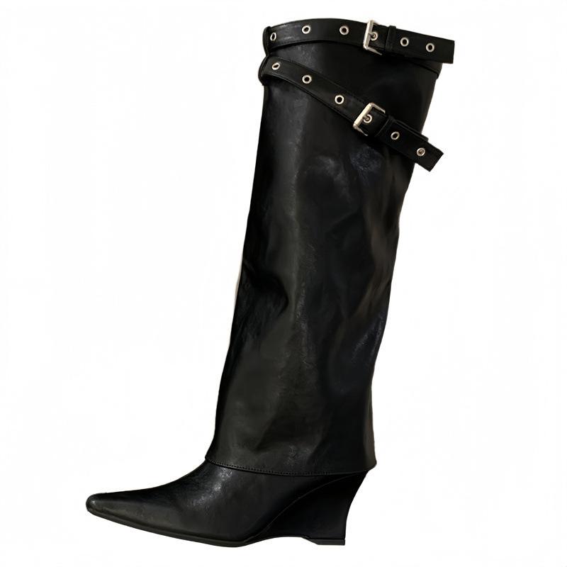 2025 European and American Pointed Wedge Heel Straight Pants Tube Boots White Belt Buckle High Boots But Knee Boots Sweet Cool Western Boots