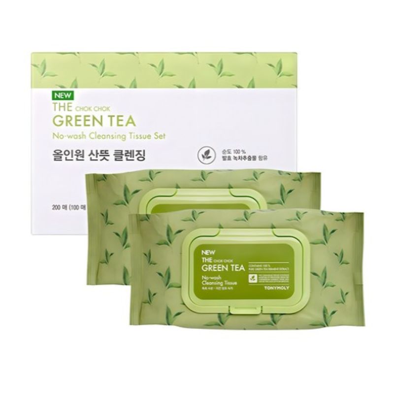 TONYMOLY The Chok Chok Green Tea No-Wash Cleansing Tissue Set (100 Sheets × 2 Packs)