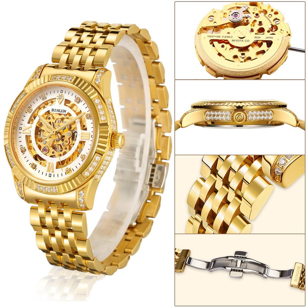 Montre BINLUN Montre automatique mécanique squelette en or Montre automatique plaquée or 18 carats Montre de luxe pour homme Montre double face pour homme (Squelette complet)
