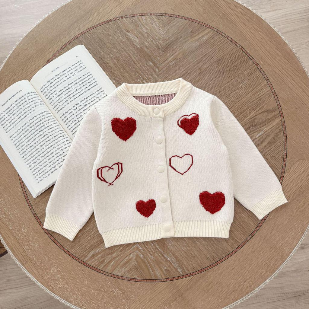 Baby Girl Korean-Style Heart Jacquard Knit Cardigan – Soft & Versatile for Autumn/Winter