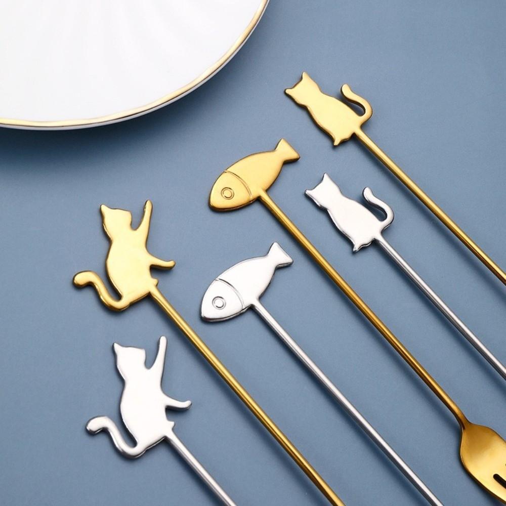 Süßer Cartoon Hängender Becher Teelöffel Edelstahl Glatte Kanten Kaffee Rührlöffel Katze Fisch Design Kuchengabel Teezubereitung