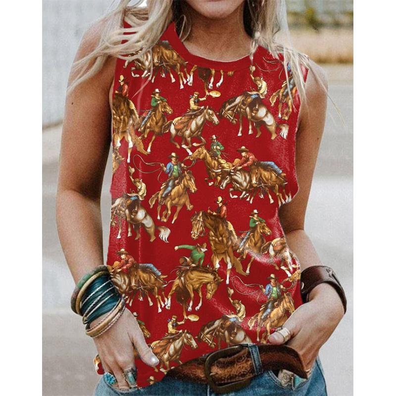 Lady Western-style printed short-sleeved T-shirt, Western style, sleeveless round-neck women's T-shirt