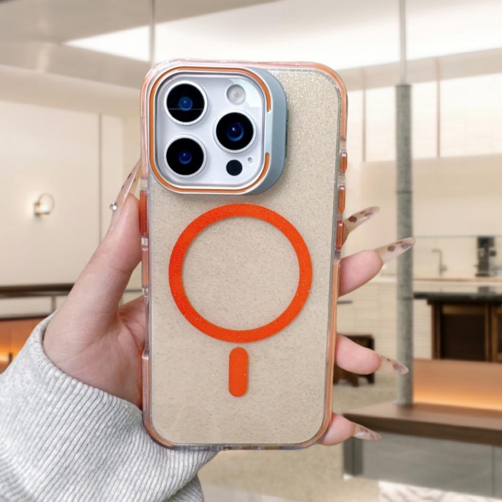 For iPhone 16 Pro Case Compatible with MagSafe Lens Kicktand Glitter PC Phone Cover