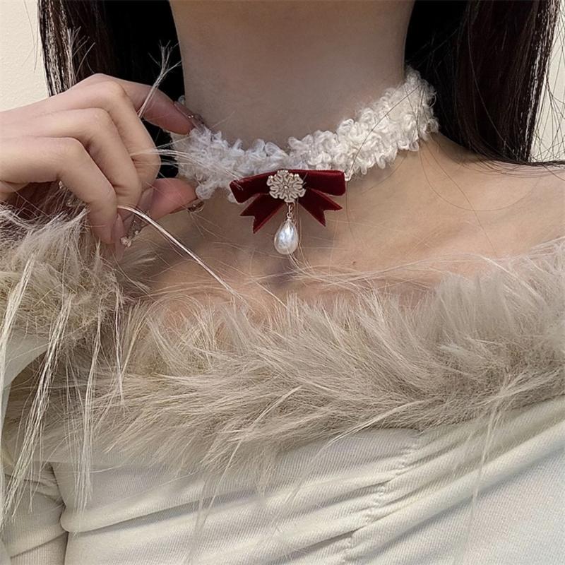 Bohemian Snowflake Pearl Necklace Bowknot Pendant Clavicle Chain Christmas Bows Collarbone Chain for Women Girls