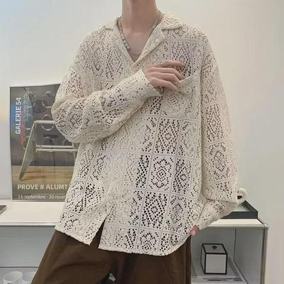 Men's Trendy Jacquard Summer Cuban Collar Loose Solid Color Long Sleeve Shirt