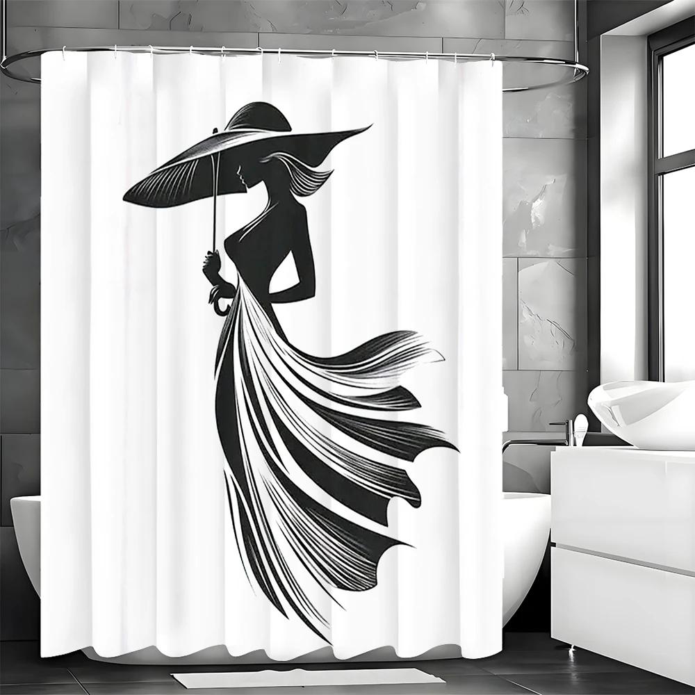 Black and White Elegant Women's Shower Curtain, Bathroom Decorative Shower Curtain, Waterproof Shower Curtain with Hooks