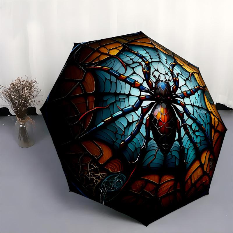 1pc Spider StainedGlass Automatic Folding Umbrella, Lightweight Retractable Compact Travel Umbrella, 8-Rib Sturdy Frame097