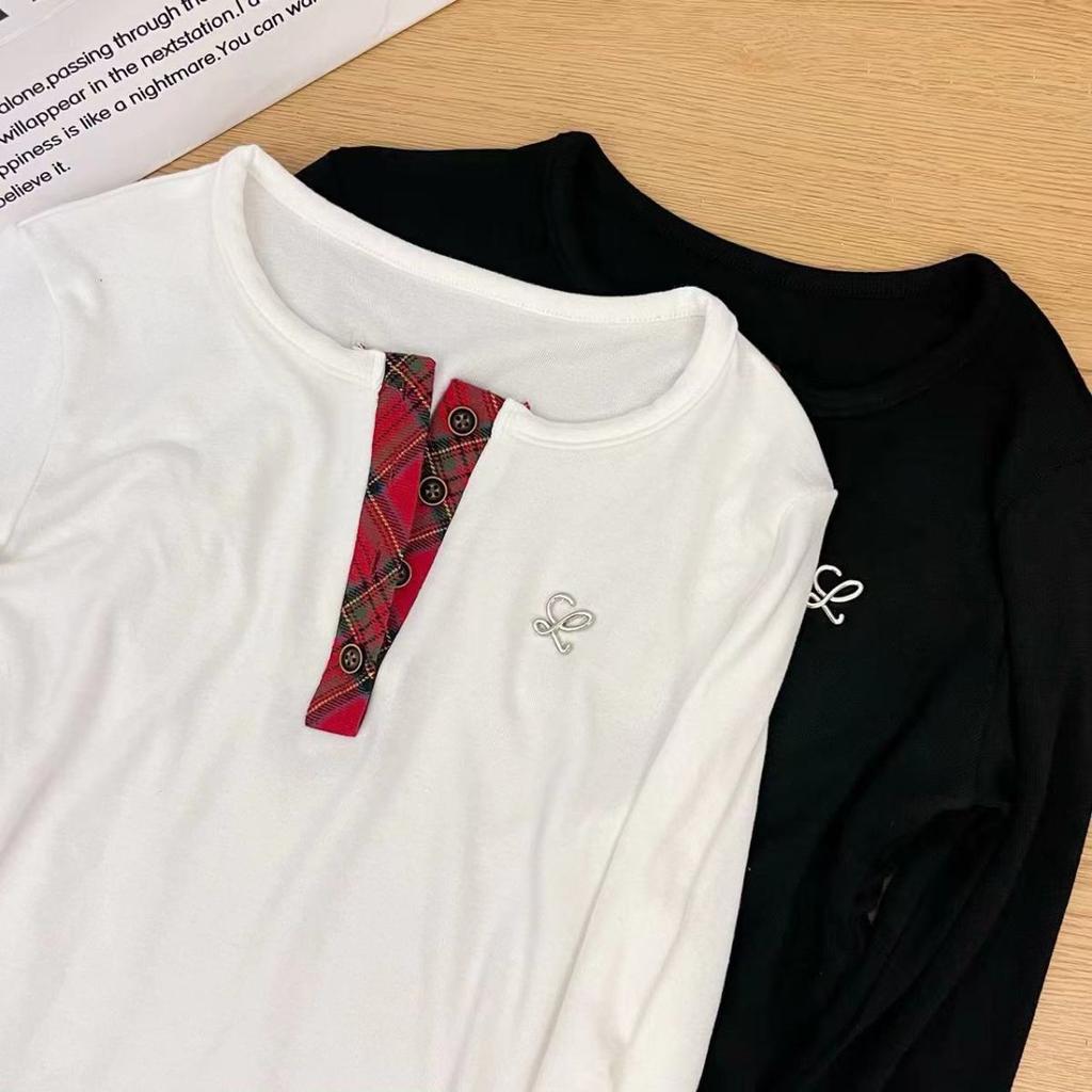 T-shirts à Carreaux de Créateur de Mode Coréen pour Femmes Automne Hiver Patchwork Manches Longues Esthétique Vintage Années 2000 Tendance Hauts Col Rond