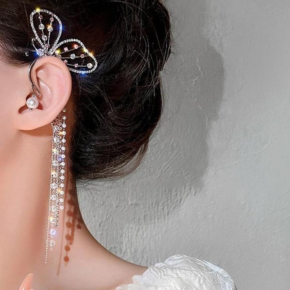 

Women s Point Cubic Butterfly Long Tassel Ear Cuff left