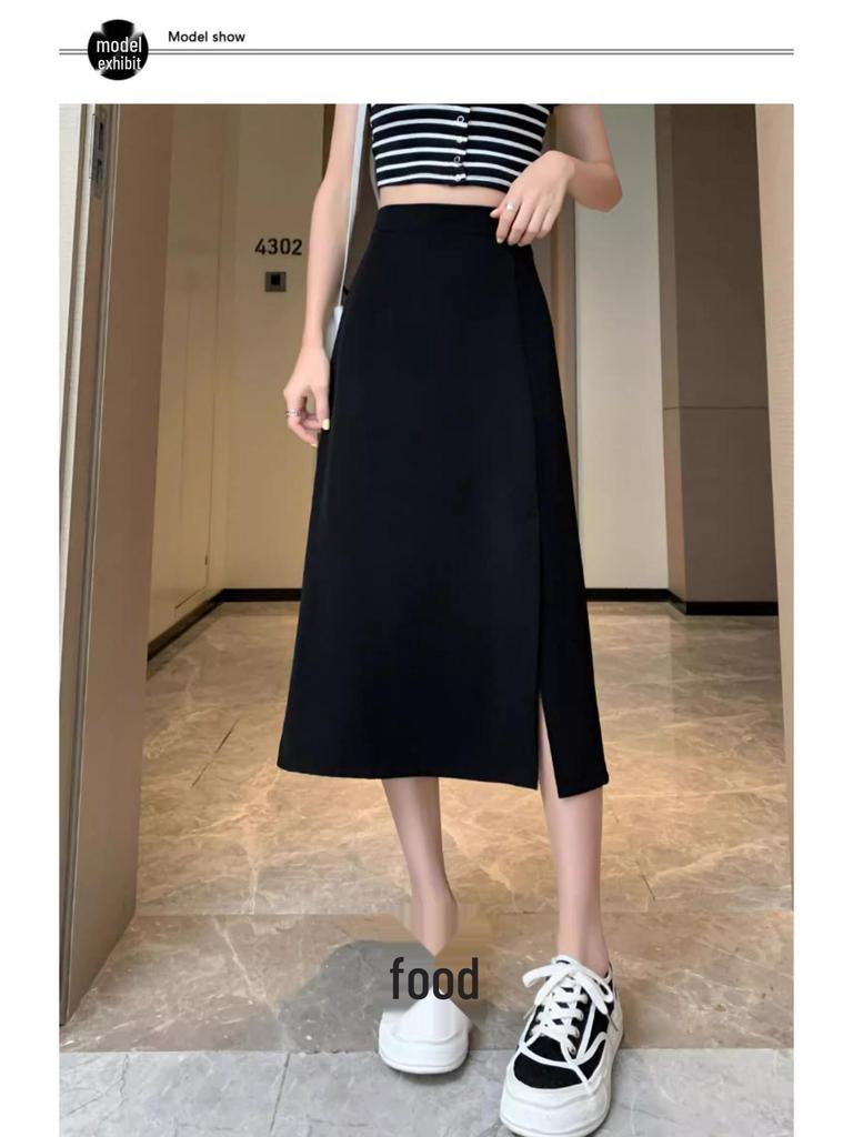 2024 Black A-Line Midi Skirt: High Waist, Slimming, Petite, Versatile for Women - Perfect for Spring/Summer