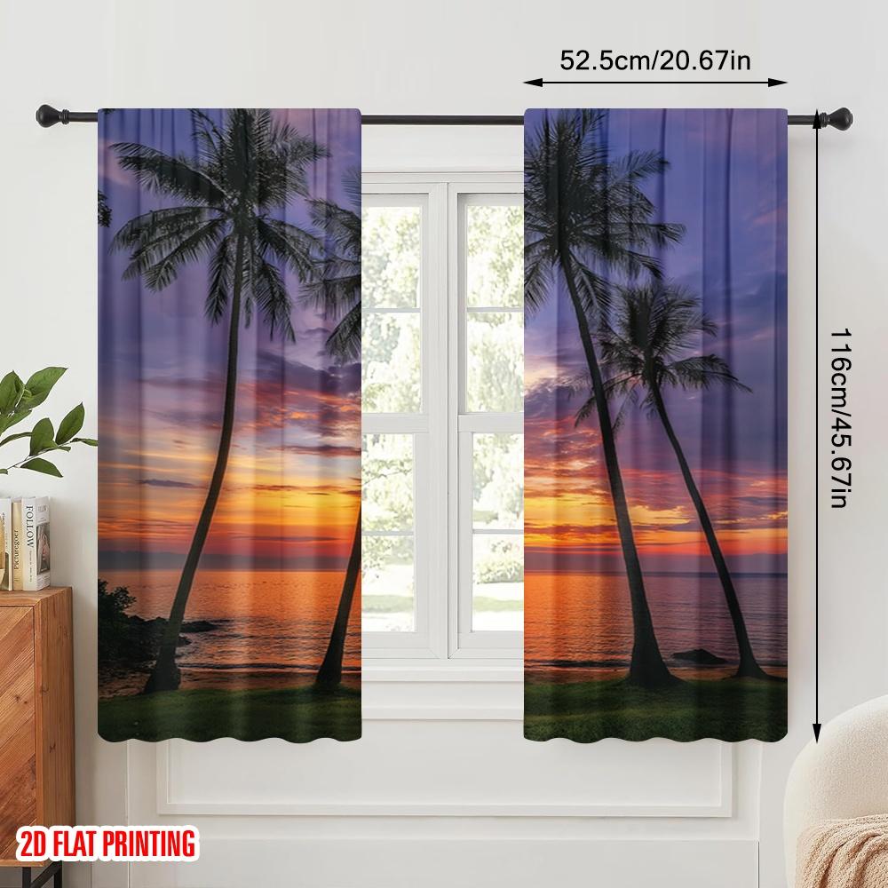 2pcs 2D flat printing Party Curtains Palm Trees Sunset Beach Polyester Fabric Without Electricity Seasonal Party & Holiday Decor