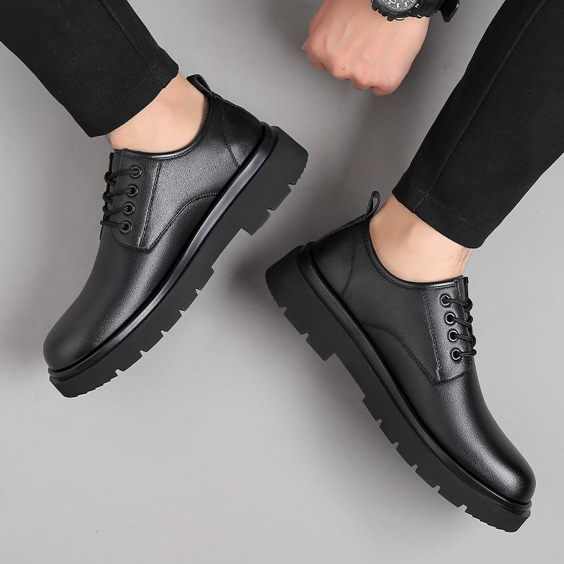 2025 New Leather Shoes Men's Business Dress British Big Head Men's Casual Round Head Platform Wedding Shoes