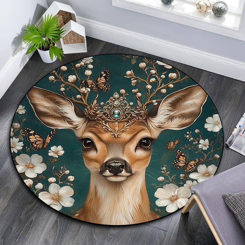 

Deer with Flowers Round Area Rug,Carpet Rug for Living Room Bedroom Sofa Playroom Decor,Non-slip Floor Mat 80cmx80cm