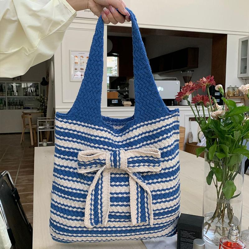 Nova Bolsa de Crochê Listrada com Laço Grande Capacidade Casual Bolsa de Ombro Tecida Multicolorida Bolsa de Tricô Feita à Mão