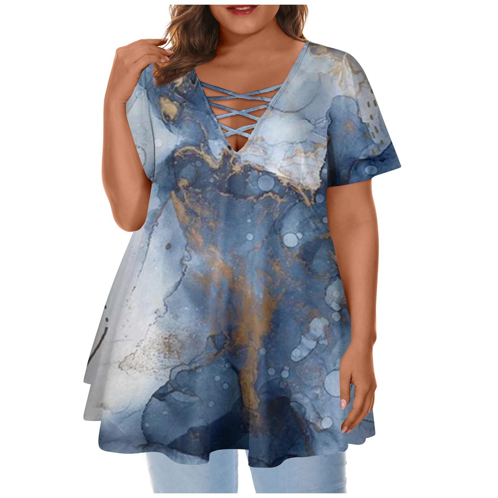 

Женский большой топ с круглым вырезом и принтом Свободный глубокий V-образный вырез Сексуальная трапеция с коротким рукавом XXXXL тёмно-синий