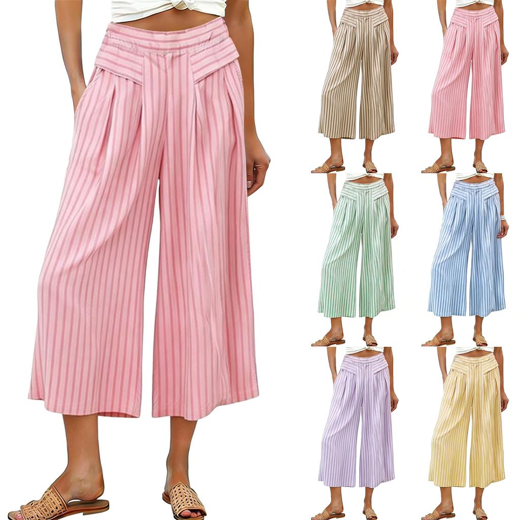 Women's Striped Wide Leg With High Waist Casual Loose Fit Cropped Pant With Pockets