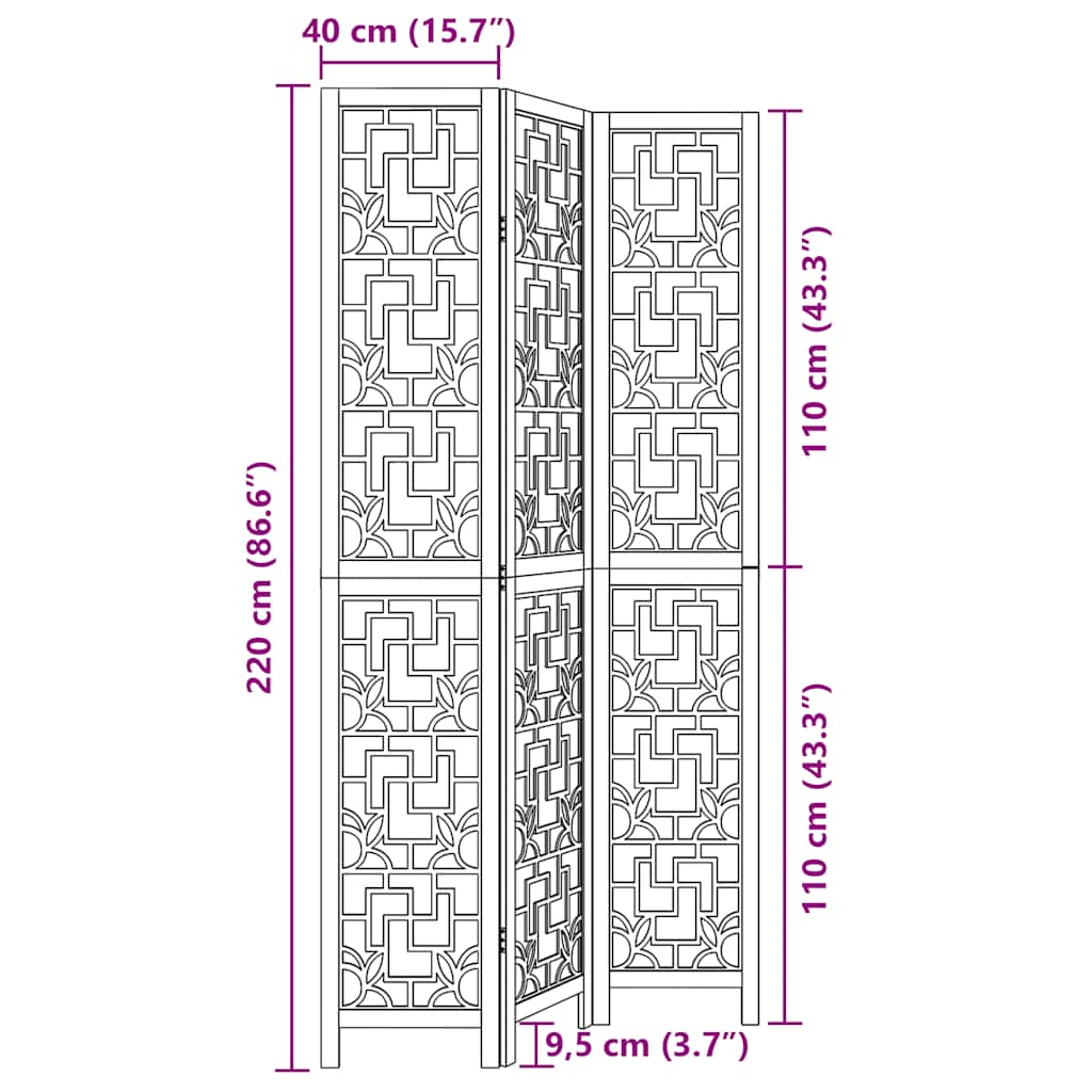 Vidaxl Room Divider, 3-Panel, Solid Paulownia Wood
