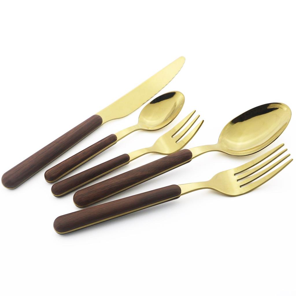 5Pcs Wooden Handle Dinnerware Stainless Steel Mirror Cutlery Set Western Knife Fork Spoon Silverware Tableware Set