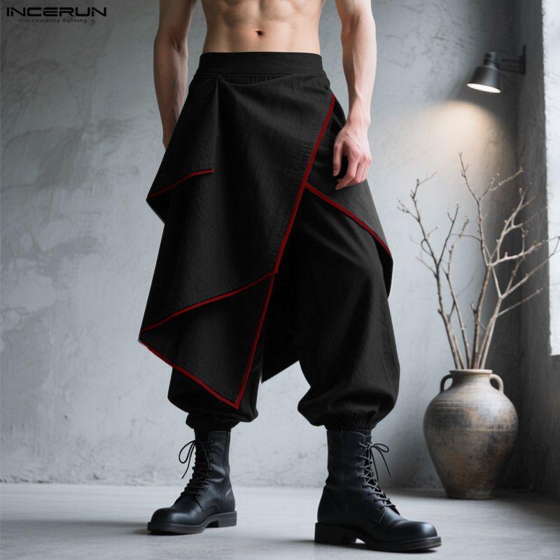 INCERUN Men Back Elastic Waist Ruffled Layers Casual Long Harem Pants Trousers