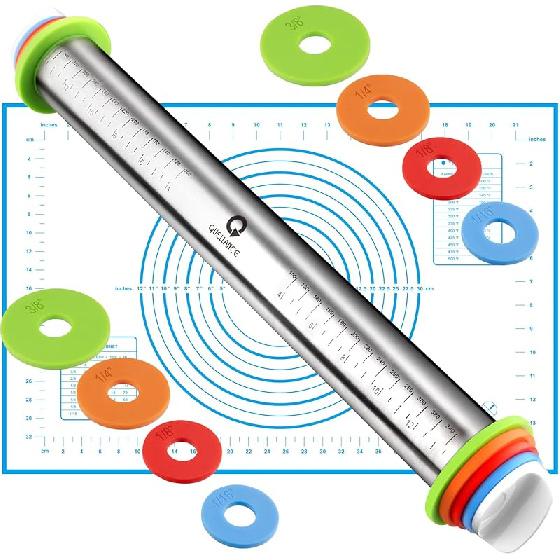 Набор скалок и ковриков для выпечки, Скалки с кольцами для регулировки толщины, Ролик для теста из нержавеющей стали для выпечки фондана, пиццы, пирогов,