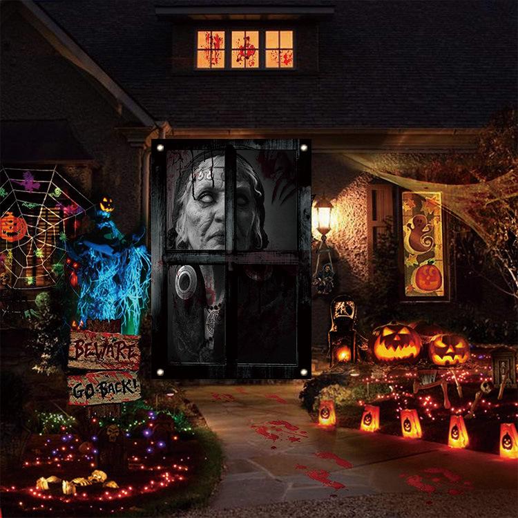 Halloween Female Ghost Window Cover Horror Window Door Cover, Scary Theme Window Screen for Indoor/Outdoor Party Decor