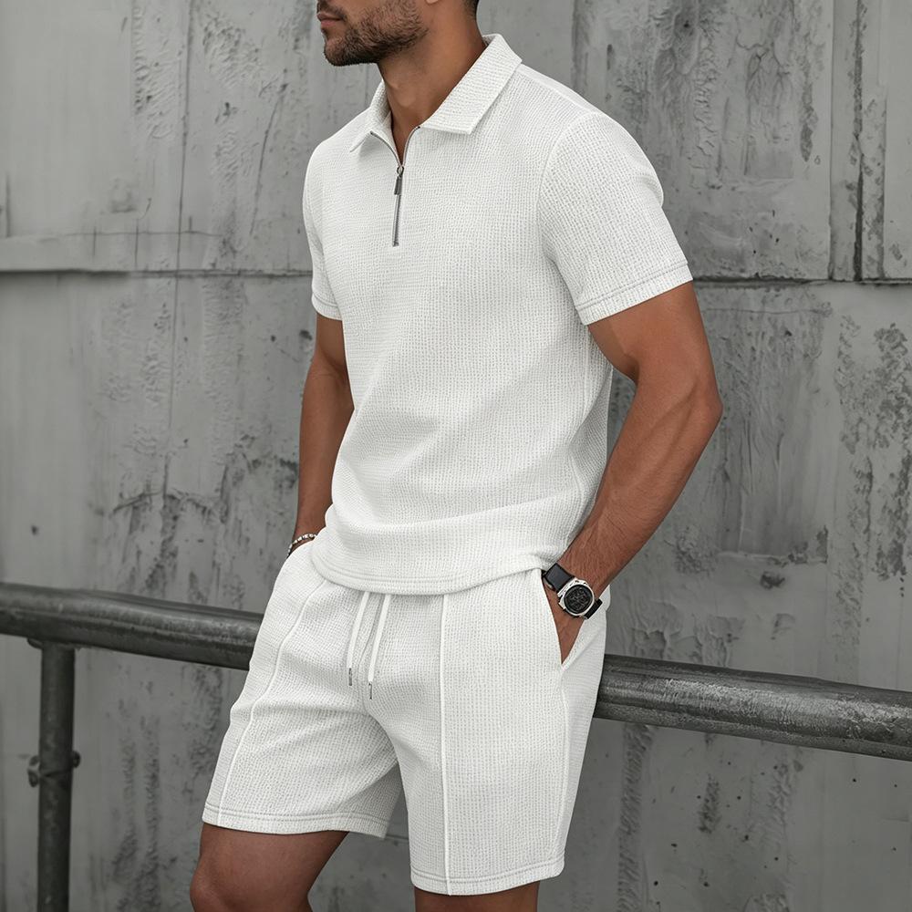Mens Summer Waffle Knit Zip Short Sleeve Polo Shorts Set S