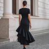 Vestido Midi de Manga Corta con Cuello Redondo para Mujer Ajustado Elegante Asimétrico con Volante Bodycon Vestido de Cóctel