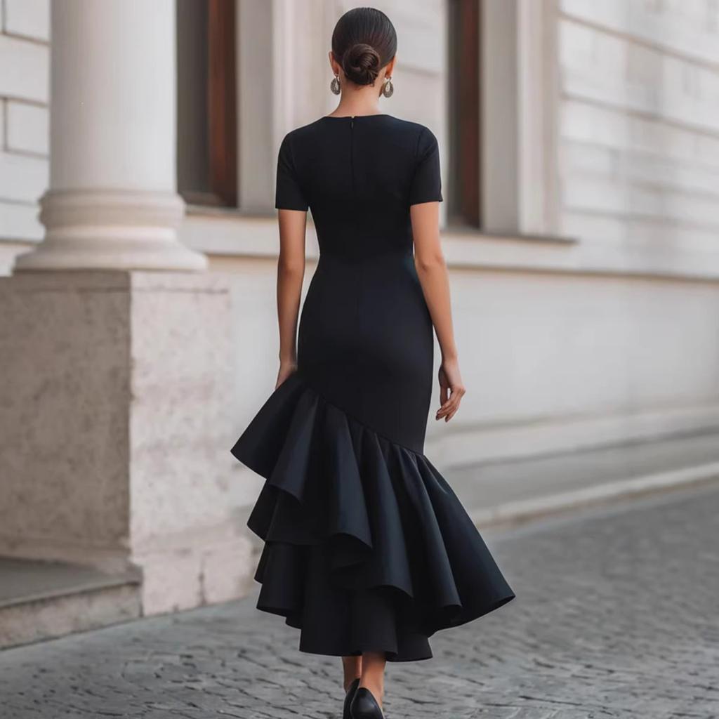 Vestido Midi de Manga Corta con Cuello Redondo para Mujer Ajustado Elegante Asimétrico con Volante Bodycon Vestido de Cóctel