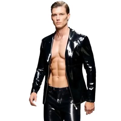 T-shirt da uomo a maniche lunghe Tessuto lucido in PVC Lattice Moda Top Double Face Uomo Seno Aperto Elastico Nightclub Punk Dance T-shirt