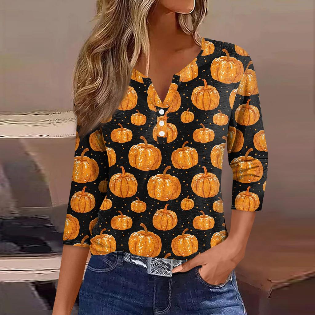 Women's Fashion Casual Halloween Printed V.Neck Short Sleeve Decorative Button Three.quarter Sleeve T-shirt Tor