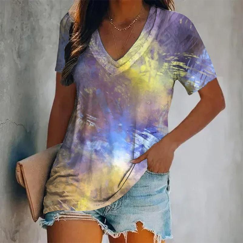 Damen Neues Kurzarm-V-Ausschnitt-T-Shirt mit gedrucktem Farbmuster, Übergroßes Damenoberteil im Y2K-Stil, Atmungsaktives T-Shirt