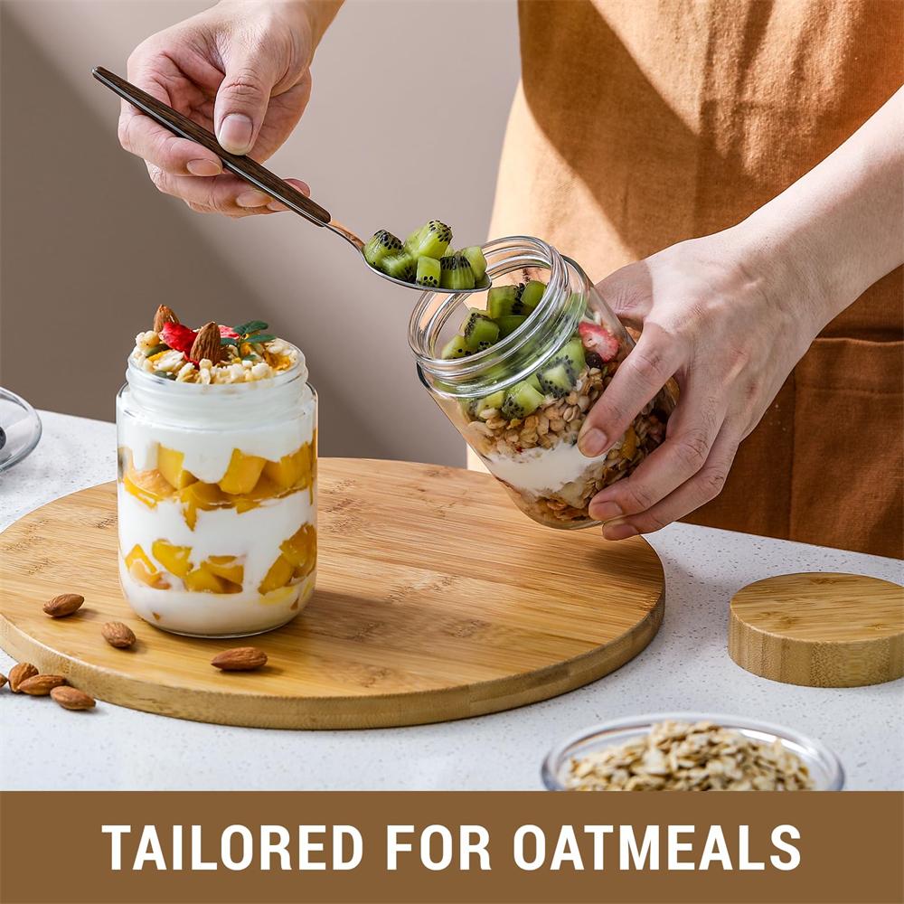 4pack Glass jars with Airtight Lid 16oz Over Night Oats Container with Bamboo Lids Glass Snack Storage Salad Jars Yogurt Sugar