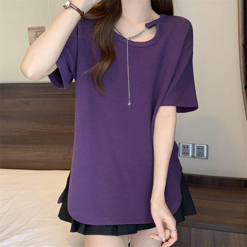 Women Asymmetrical Cut-out T-shirt with Chain Detail Crew Neck Short Sleeve Oversized Loose Fit Solid Color Tee