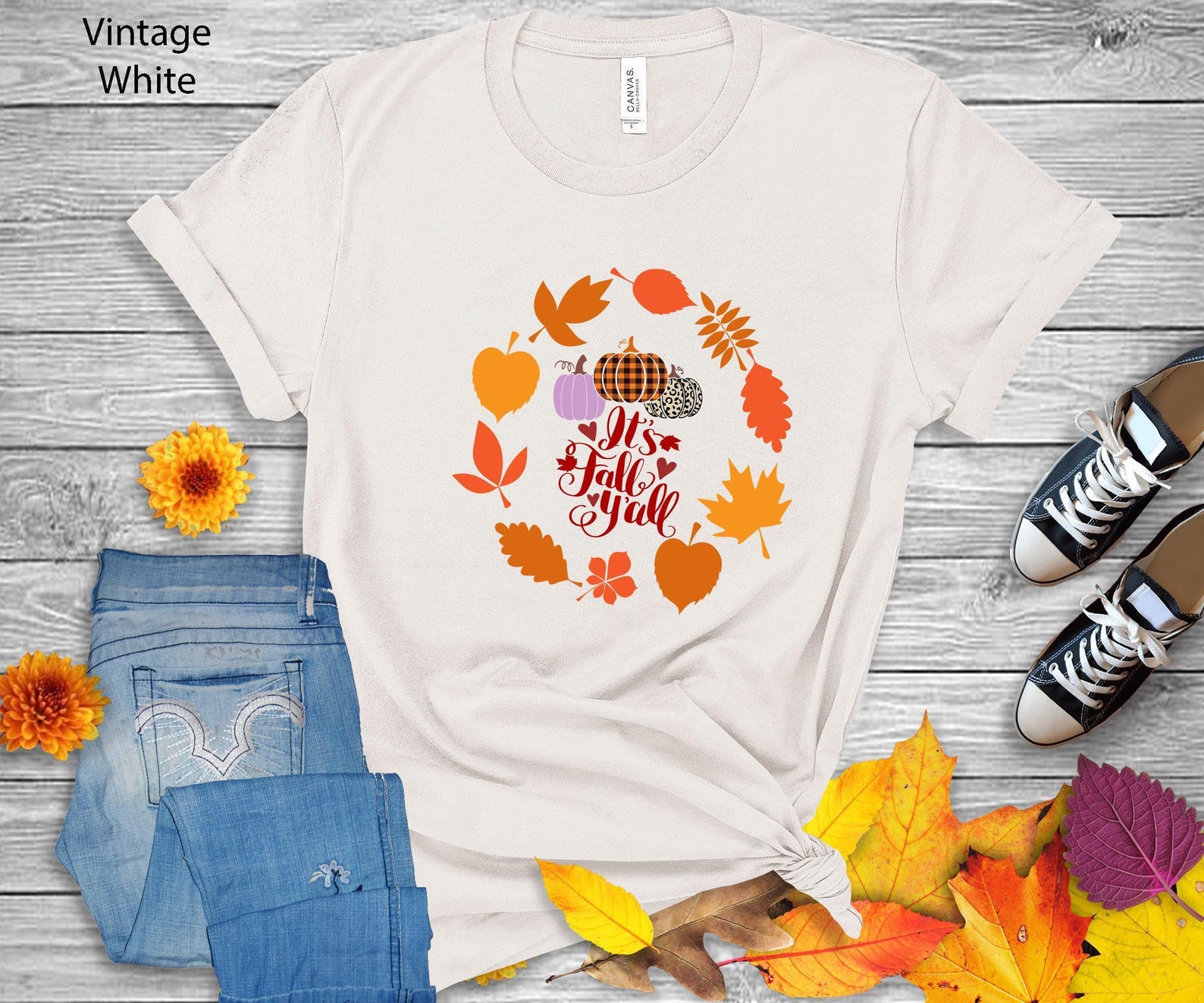 It s Fall Y all T-Shirt | Autumn Leaves & Pumpkins Tee L
