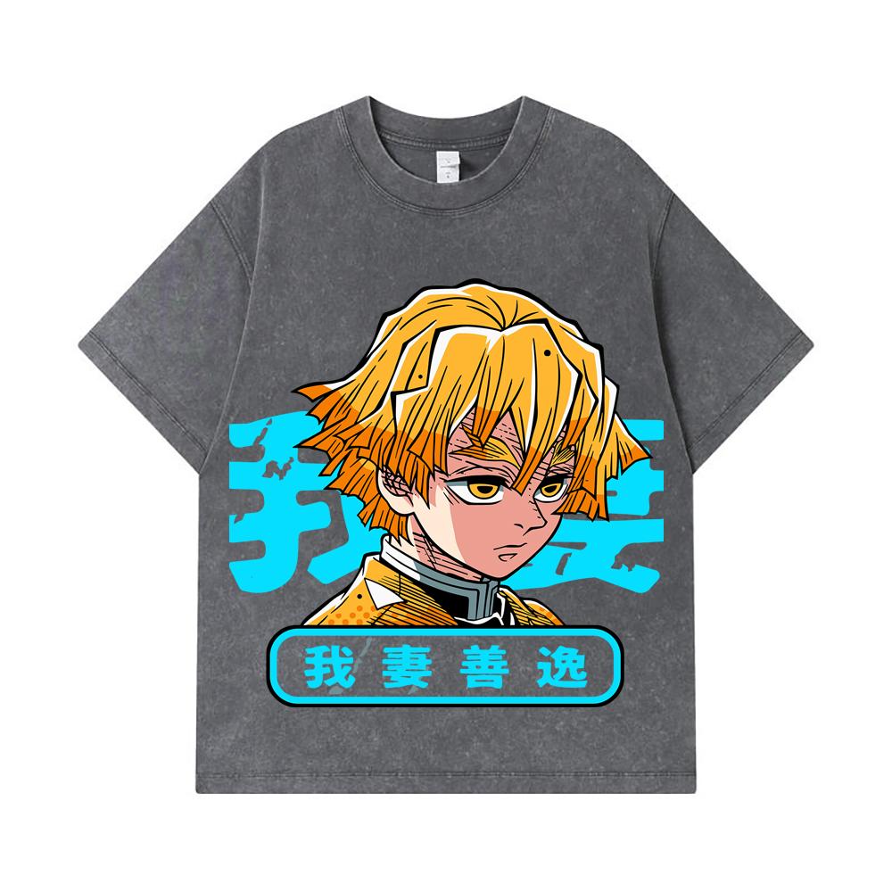275 GSM Washed T-shirts 100% Cotton Demon Slayer V100 Zenitsu Print Unisex Heavy Cotton T Shirt