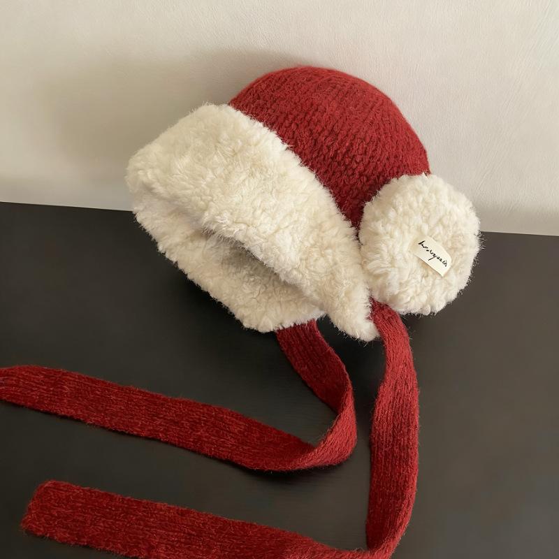 Autumn and winter plush thickened red ear protectors wool hat women's big head circumference warm knitted hat strapped Lei Feng hat tide