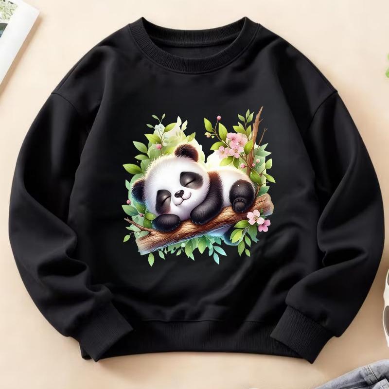 Kids Crewneck Sweatshirt, Healing Fun Forest Panda Hugging Branch Print Long Sleeve Top for Autumn Winter