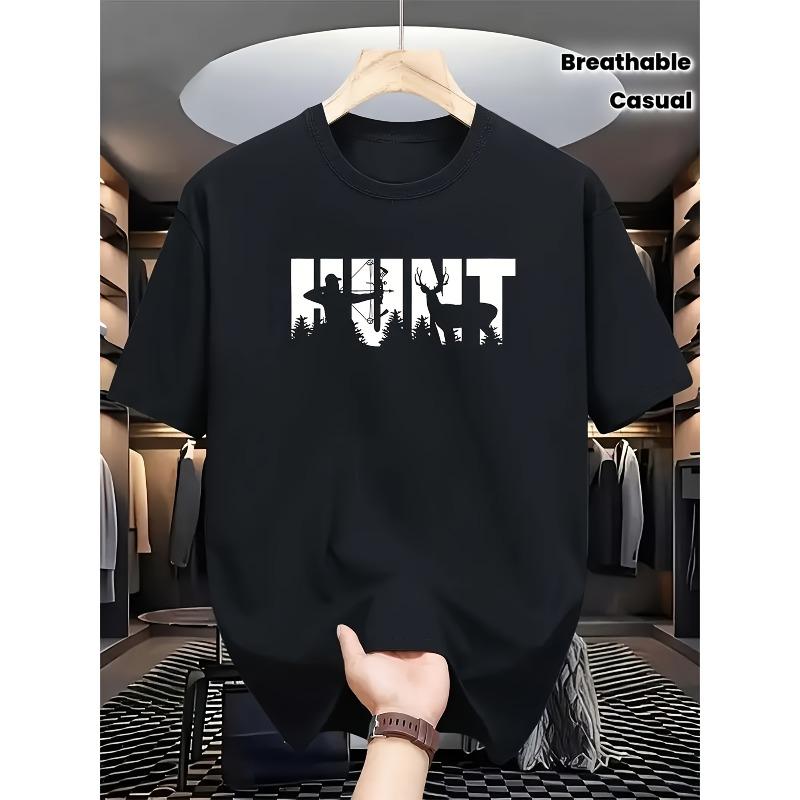 

Men S Hunting T-Shirt with HUNT Lettering & Deer & Forest Camo Print - Breathable Summer Casual Tee for Hunting Trips, Camping 4XL чорний